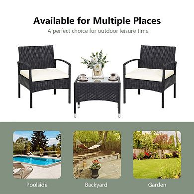 Clihome 3 Pieces Patio Wicker Rattan Furniture Set with Cushions for Backyard