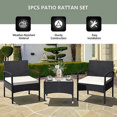 Clihome 3 Pieces Patio Wicker Rattan Furniture Set with Cushions for Backyard