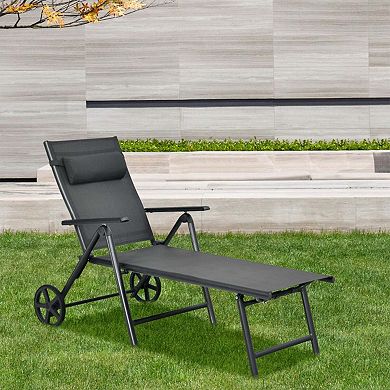 Clihome Adjustable Patio Lounge Chair with Wheels, Neck Pillow & Aluminum Frame