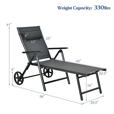 Clihome Adjustable Patio Lounge Chair with Wheels, Neck Pillow & Aluminum Frame