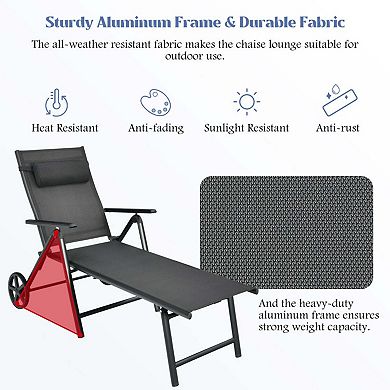 Clihome Adjustable Patio Lounge Chair with Wheels, Neck Pillow & Aluminum Frame