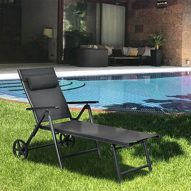 Clihome Adjustable Patio Lounge Chair with Wheels, Neck Pillow & Aluminum Frame
