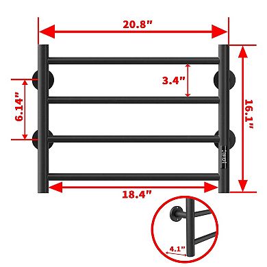 4 Bars Black Stainless Steel Electric Heated Towel Warmer Drying Rack, Wall Mounted