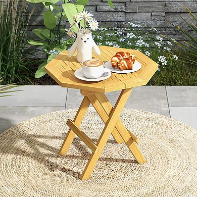 20" Folding Teak Wood Octagon Coffee Table with X Legs and Slatted Top