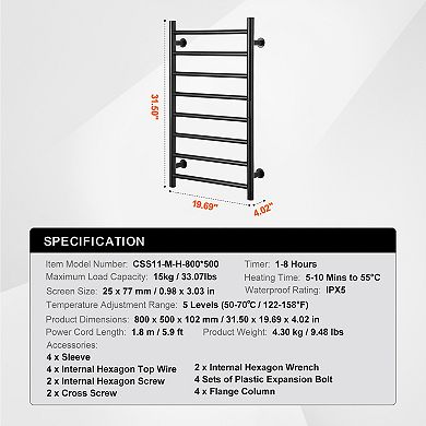 8 Bars Wall Mounted Heated Towel Warmer Rack for Bathroom, Black