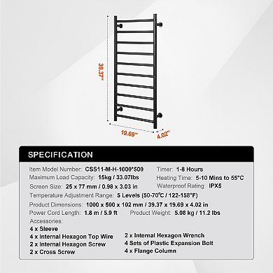 10-Bar Wall Mounted Heated Towel Warmer Rack for Bathroom, Black