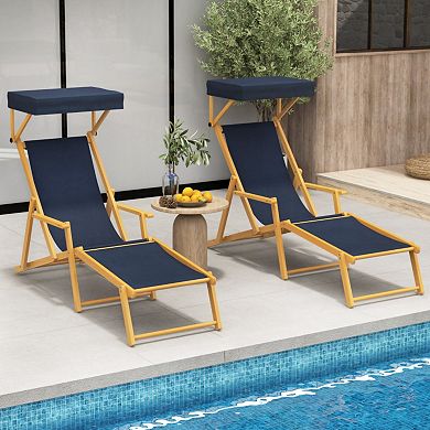 Clihome Birch Wood Chaise Lounge Chair Foldable Beach Chair with Adjustable Canopy