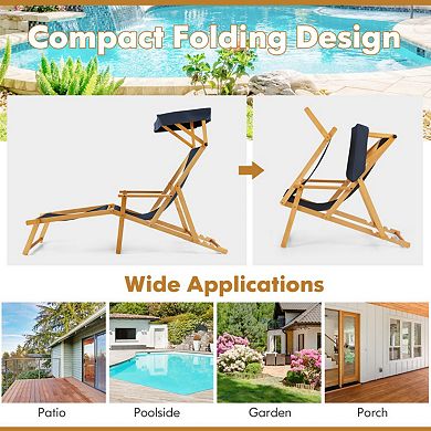 Clihome Birch Wood Chaise Lounge Chair Foldable Beach Chair with Adjustable Canopy