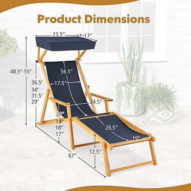 Clihome Birch Wood Chaise Lounge Chair Foldable Beach Chair with Adjustable Canopy