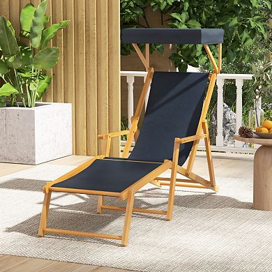 Clihome Birch Wood Chaise Lounge Chair Foldable Beach Chair with Adjustable Canopy