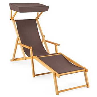 Clihome Birch Wood Chaise Lounge Chair Foldable Beach Chair with Adjustable Canopy