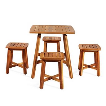 Clihome 5 pc Wood Patio Dining Set with Square Table & 4 Stools