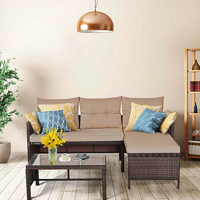Clihome 3 Pieces Outdoor Patio Corner Rattan Sofa Set with Table