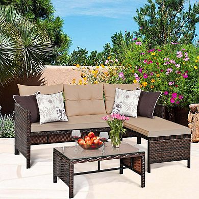 Clihome 3 Pieces Outdoor Patio Corner Rattan Sofa Set with Table