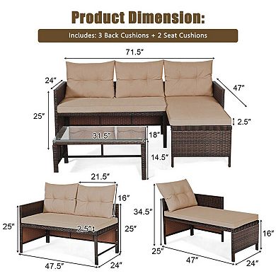 Clihome 3 Pieces Outdoor Patio Corner Rattan Sofa Set with Table