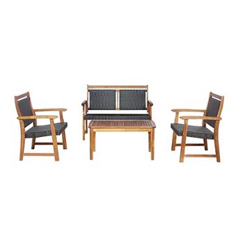 Clihome 4 pc Outdoor Patio Rattan Furniture Set with Acacia Wood Frame