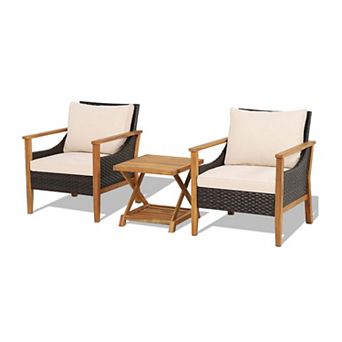 Clihome 3 pc Patio Wicker Furniture Set with 2 tier Side Table & Cushioned Chairs
