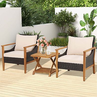 Clihome 3 Pieces Patio Wicker Furniture Set with 2-Tier Side Table & Cushioned Chairs