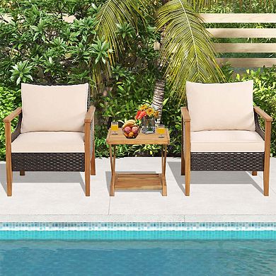 Clihome 3 Pieces Patio Wicker Furniture Set with 2-Tier Side Table & Cushioned Chairs