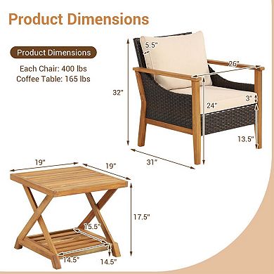 Clihome 3 Pieces Patio Wicker Furniture Set with 2-Tier Side Table & Cushioned Chairs