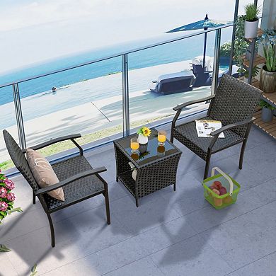 Clihome 3 Piece Patio Wicker Chair Set with Quick Dry Foam Cushions All Weather