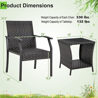Clihome 3 Piece Patio Wicker Chair Set with Quick Dry Foam Cushions All Weather