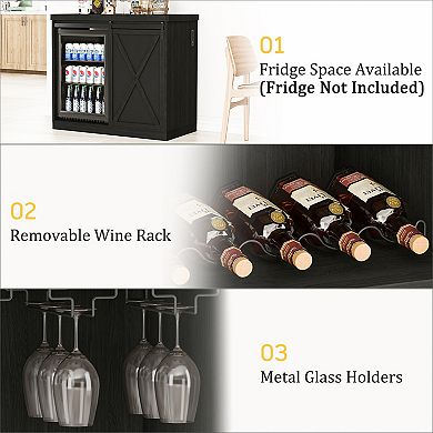 49.2" Coffee Bar Cabinet with Fridge Space,Sliding Barn Door,Power Outlet, Wine Rack,Glass Holder