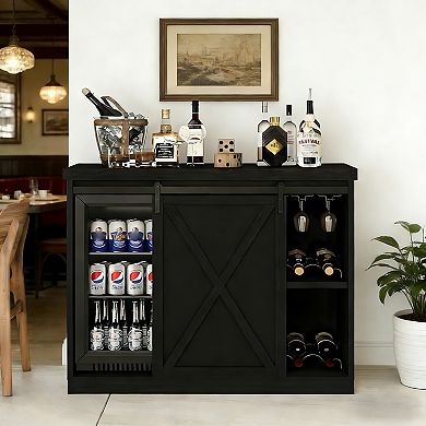 49.2" Coffee Bar Cabinet with Fridge Space,Sliding Barn Door,Power Outlet, Wine Rack,Glass Holder