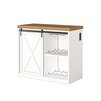 49.2" Coffee Bar Cabinet with Fridge Space,Sliding Barn Door,Power Outlet, Wine Rack,Glass Holder