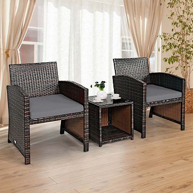 Clihome 3 Pieces PE Rattan Wicker Set with Cushions & Coffee Table for Garden