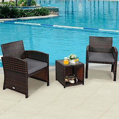 Clihome 3 Pieces PE Rattan Wicker Set with Cushions & Coffee Table for Garden