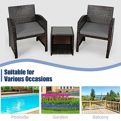 Clihome 3 Pieces PE Rattan Wicker Set with Cushions & Coffee Table for Garden