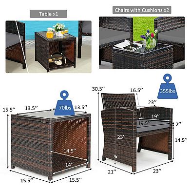 Clihome 3 Pieces PE Rattan Wicker Set with Cushions & Coffee Table for Garden