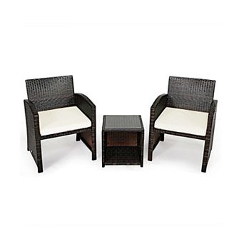 Clihome 3 pc PE Rattan Wicker Set with Cushions & Coffee Table for Garden