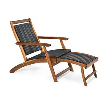 Clihome Patio Rattan Folding Lounge Chair Acacia Wood Frame with Retractable Footrest