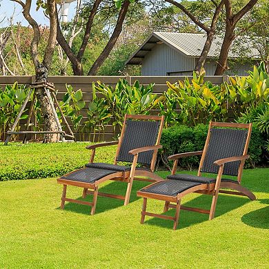 Clihome Patio Rattan Folding Lounge Chair Acacia Wood Frame with Retractable Footrest