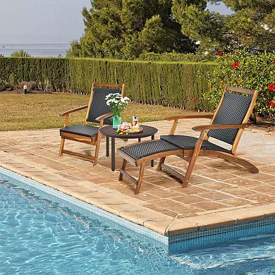 Clihome Patio Rattan Folding Lounge Chair Acacia Wood Frame with Retractable Footrest