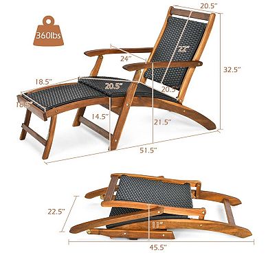 Clihome Patio Rattan Folding Lounge Chair Acacia Wood Frame with Retractable Footrest