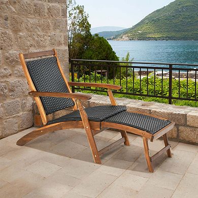 Clihome Patio Rattan Folding Lounge Chair Acacia Wood Frame with Retractable Footrest