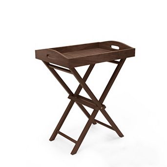 Solid Teak Wood Folding Tray Table with Removable Top and X-Frame for Patio Garden