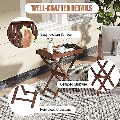 Solid Teak Wood Folding Tray Table with Removable Top and X-Frame for Patio Garden