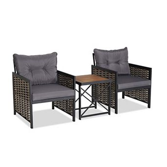 Clihome 3 pc Patio Rattan Furniture Set with Acacia Wood Tabletop & Metal Frame