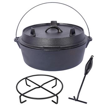 6-qt Pre-Seasoned Cast Iron Dutch Oven With Skillet Lid, Camping Deep Pot With Iron Pot Rack