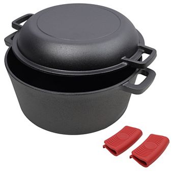5-qt 2 in 1 Pre-Seasoned Dual Handle Cast Iron Dutch Oven With Deep Pot, Silicone Handel Cover