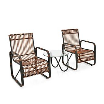 Clihome 3 pc Patio Rattan Furniture Set with 2 Wicker Chairs & Glass Side Table