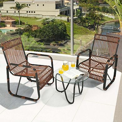 Clihome 3 Pieces Patio Rattan Furniture Set with 2 Wicker Chairs & Glass Side Table