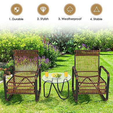 Clihome 3 Pieces Patio Rattan Furniture Set with 2 Wicker Chairs & Glass Side Table