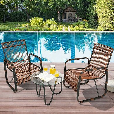 Clihome 3 Pieces Patio Rattan Furniture Set with 2 Wicker Chairs & Glass Side Table