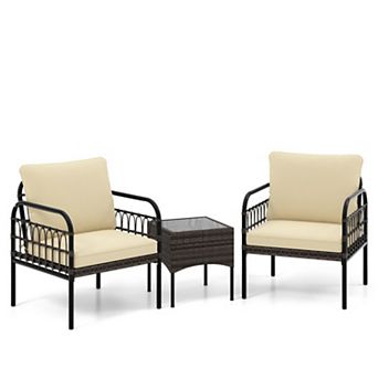 Clihome 3 pc Patio Wicker Conversation Set with Cushions and Tempered Glass Coffee Table