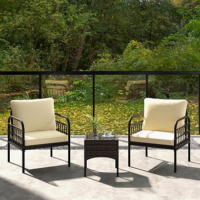 Clihome 3 Pieces Patio Wicker Conversation Set with Cushions and Tempered Glass Coffee Table